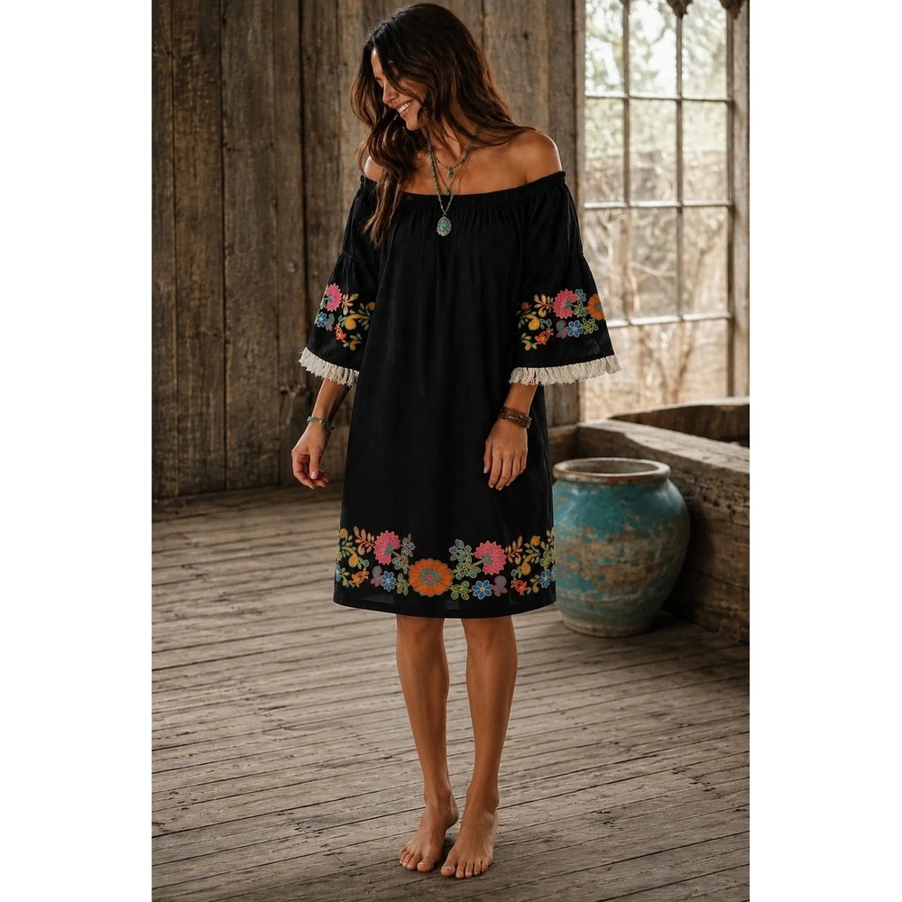 King Ranch Bohemian Hippie Western Mexican Floral Embroidered Cotton Dress S